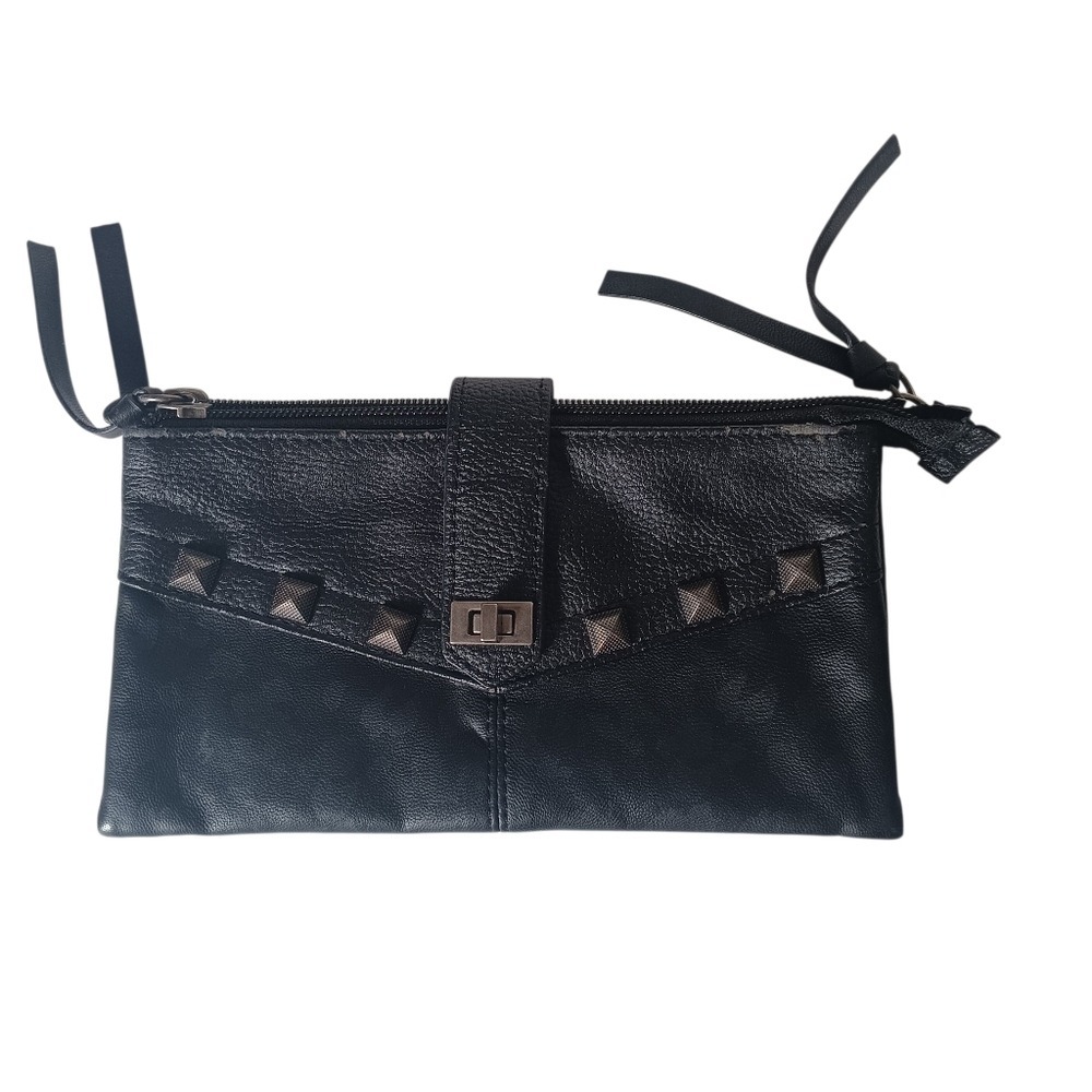 Miss Me Studded Clutch Wallet Black Faux Leather Rocker Turn-lock Zip WELL LOVED